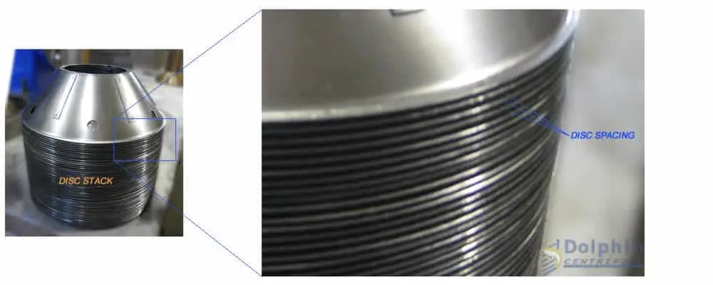 Disc stack centrifuge disc spacing showing inter-disc gap that limits particle size
