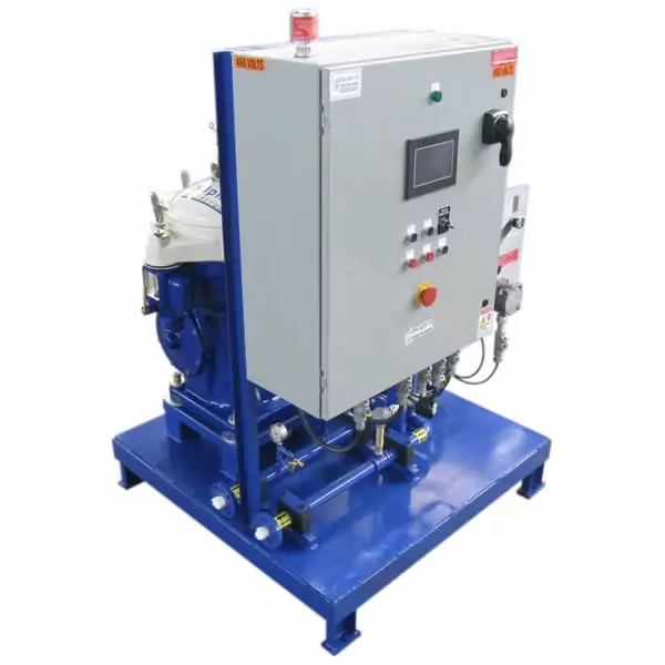 Alfa Laval MAB-206 Class 1 Div 2 diesel centrifuge with touchscreen control panel on flat deck skid