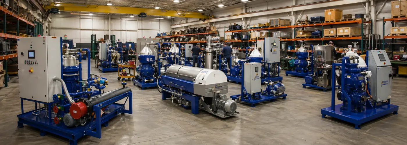 Alfa Laval disc stack and decanter centrifuge skid systems on Dolphin Centrifuge facility floor - Warren Michigan