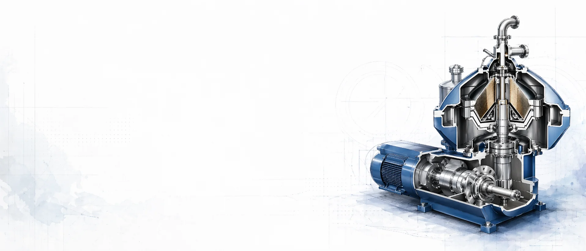 Engineering cross-section drawing of a disc stack centrifugal filter showing bowl assembly, disc stack, feed inlet and liquid outlet