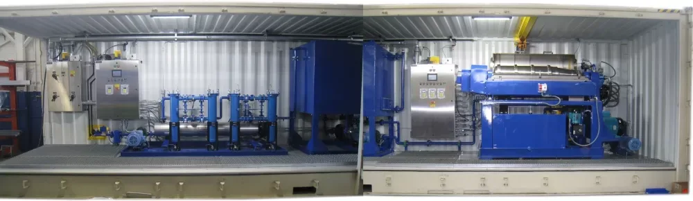 40-foot containerized industrial centrifuges — disc stack centrifuge systems installed in intermodal shipping containers
