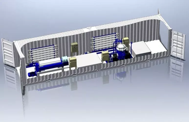 Containerized centrifuge system — individual centrifuge installed in a standard shipping container with integrated controls and piping