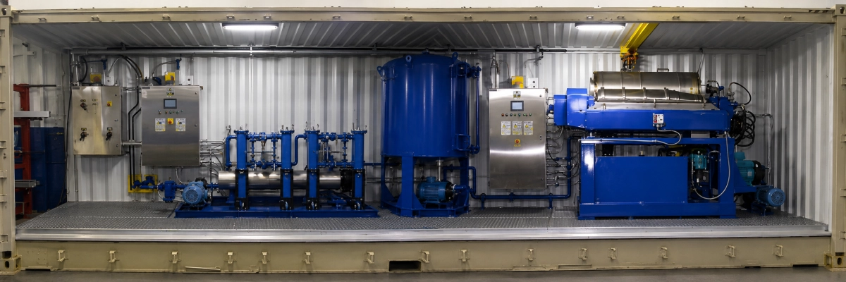 Containerized industrial centrifuge system installed inside a shipping container