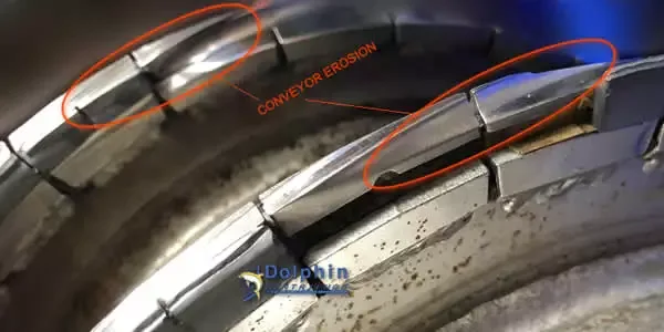 Decanter Centrifuge Cake Wall and Auger Erosion showing conveyor wear pattern and cake wall formation