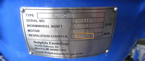 Disc centrifuge revolution counter speed reference showing correct RPM range