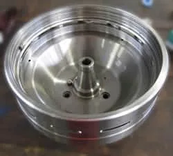 Disc centrifuge bowl body showing outer rotating shell