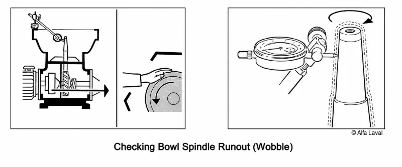 Checking disc centrifuge spindle wobble runout diagram