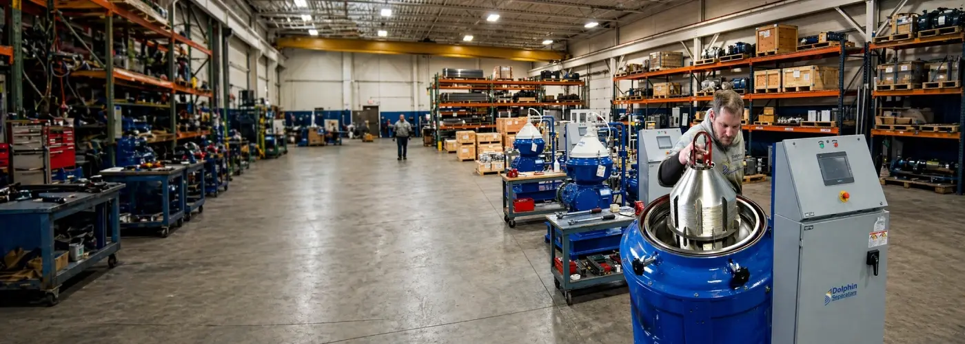 Dolphin Centrifuge shop floor with technician assembling an Alfa Laval disc stack centrifuge bowl