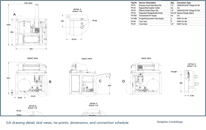 GA drawing detail for skid-mounted decanter centrifuge package