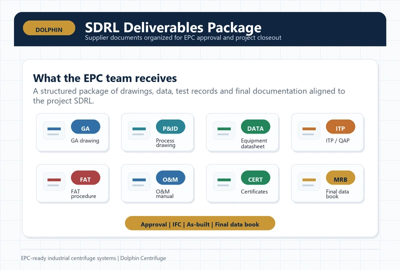 SDRL deliverables package showing GA drawing, P&ID, datasheet, ITP/QAP, FAT procedure, O&M manual, certificates, and MRB