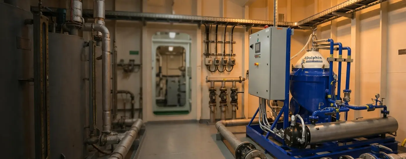 Industrial fuel oil centrifuge system purifying heavy fuel oil in a power plant engine room