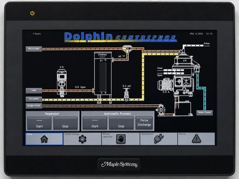 Dolphin Centrifuge PLC control panel HMI touchscreen showing centrifuge system process diagram