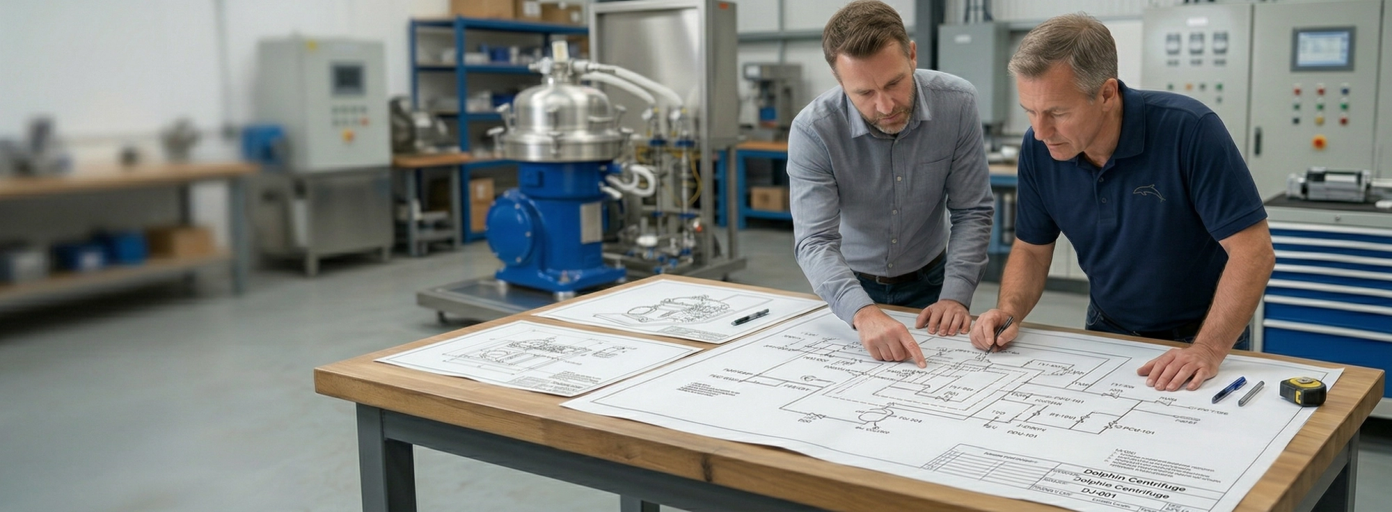 Dolphin Centrifuge engineers reviewing system engineering drawings with a disc stack centrifuge and control panels in the background