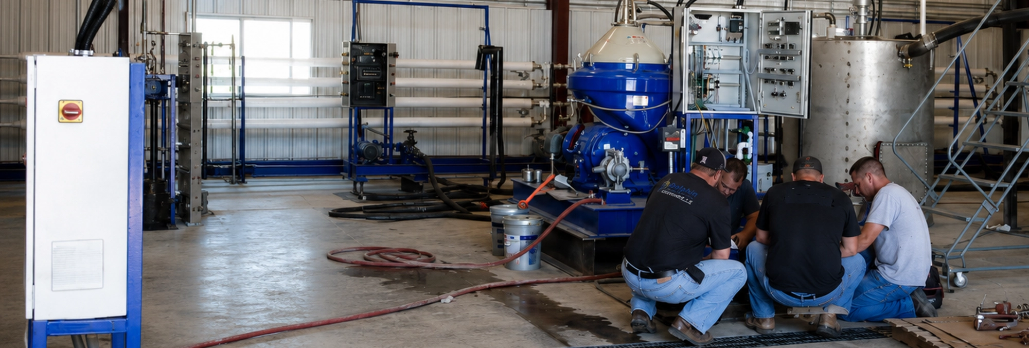 Industrial centrifuge startup training with a technician and operator