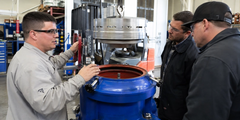 Technician providing hands-on industrial centrifuge operator training