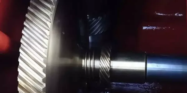 Disc centrifuge gear set showing complete transmission gear train used during centrifuge rebuild service