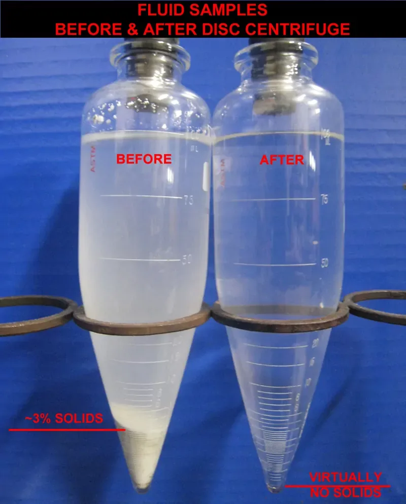 Before and after centrifuge treatment — grinding wastewater sample showing contaminated feed vs clarified water after disc stack centrifuge separation