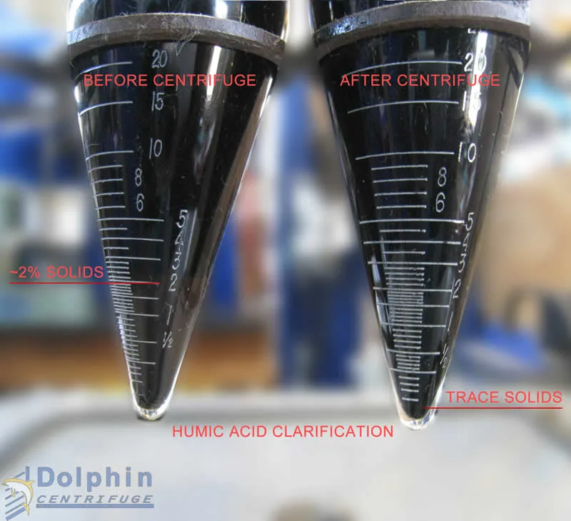 Humic acid before and after centrifuge processing — clarity comparison