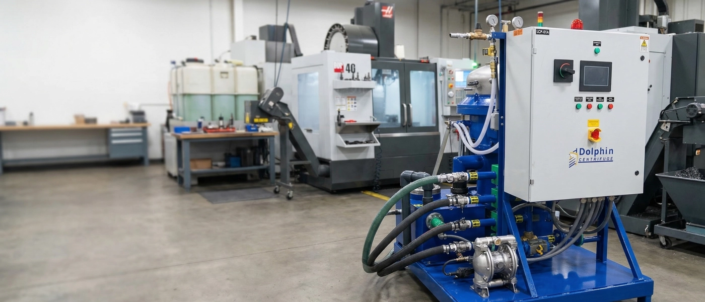 Machine coolant centrifuge system in a CNC machine shop - disc stack centrifuge for tramp oil and metal fines removal