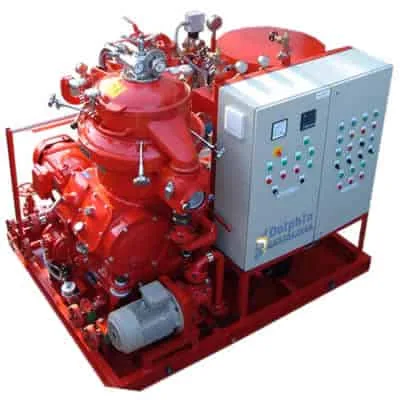 Disc stack centrifuge with pasteurization heat exchanger for machining coolant — skid-mounted system