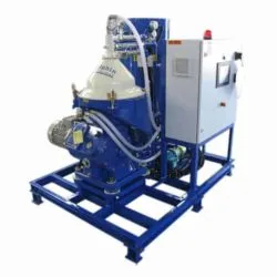 Disc stack centrifuge installed for tire pyrolysis oil clarification — processing crude bio-oil to remove char and metal particles