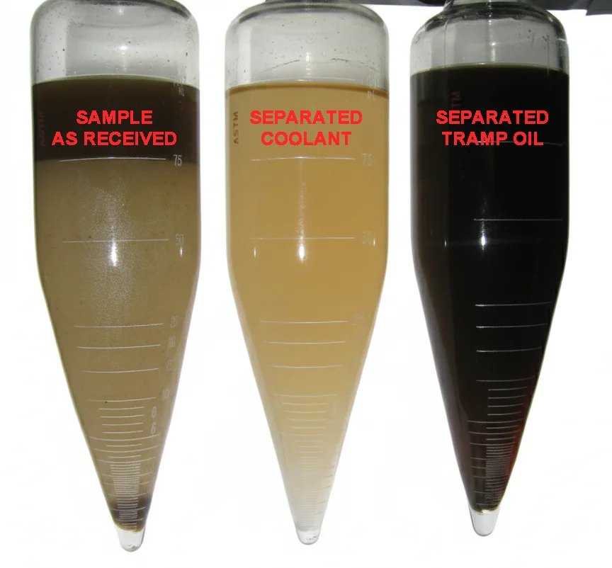 Coolant sample separated into clarified coolant and tramp oil
