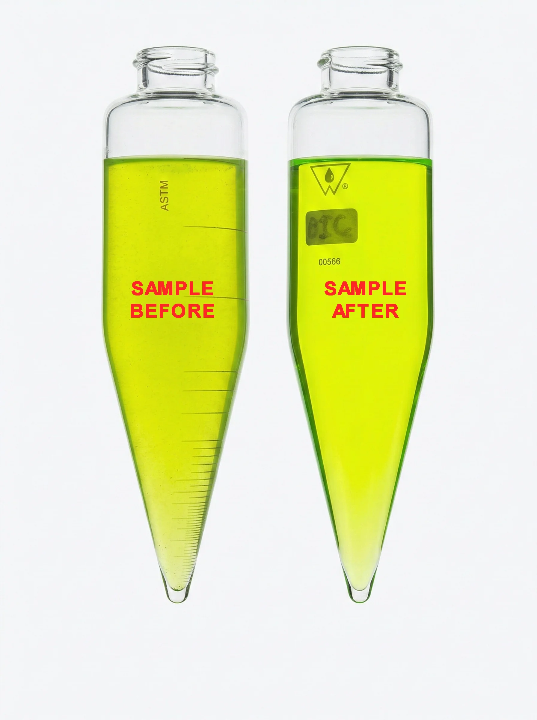 Glycol and water sample with trace suspended solids before and after centrifuge testing