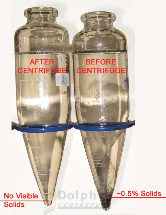Wastewater sample before and after fine suspended-solids removal by centrifuge
