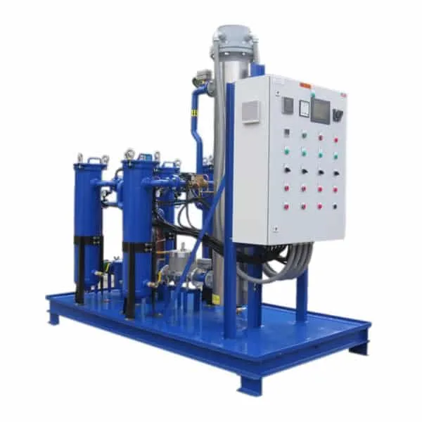 Dolphin Centrifuge pre-strainer system with heater — duplex filter housing for removing large debris from used oil before centrifuge processing