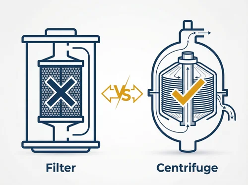 Filter versus Centrifuge comparison — industrial oil filtration vs disc stack centrifuge separation