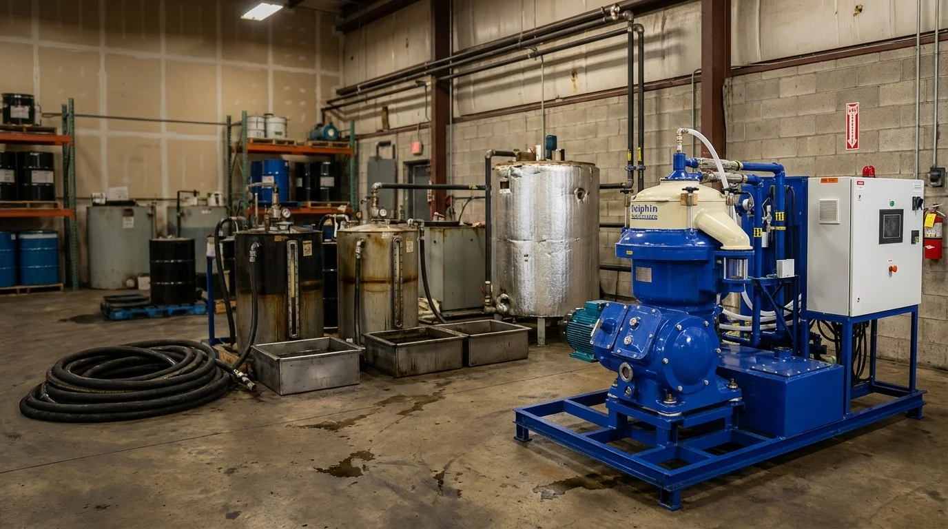 Waste oil centrifuge system in industrial waste oil processing facility — Dolphin Centrifuge